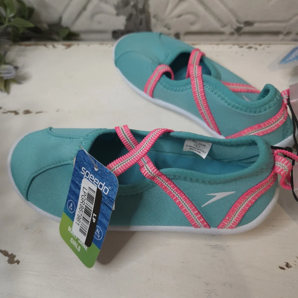 Speedo Toddler Girls' Mary Jane -Water Shoes- Turquoise/Aqua and Pink Size L NWT